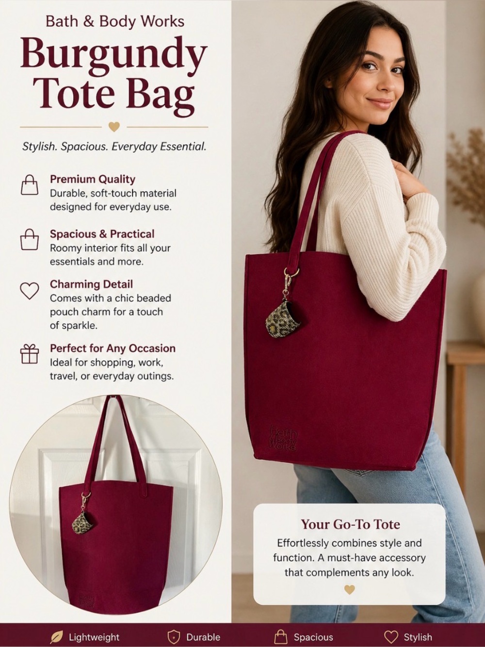 Bath and Body Works Burgundy Felt Tote Bag / Sanitizer Holder Keychain